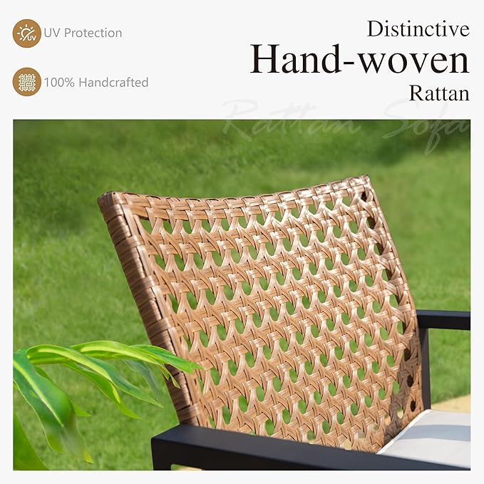 Sophia & William 4 Pieces Patio Conversation Set, Wicker Outdoor Furniture Set for 4, All Weather Outdoor Seating Set, Rattan Loveseat & Single Chairs with Cushions & Acacia Wood Coffee Table, Beige
