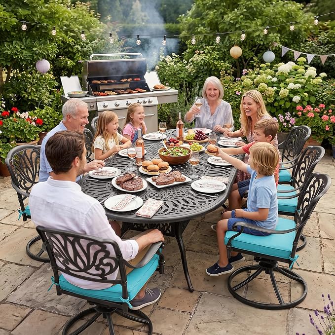 VIVIJASON 9-Piece Patio Furniture Dining Set, All-Weather Cast Aluminum Outdoor Conversation Set, Include 8 Swivel Dining Chairs and an Oval Table with Umbrella Hole, Ocean Blue Cushion