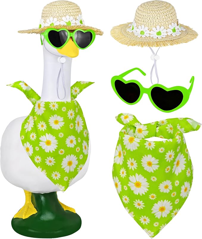 Summer Spring Porch Goose Outfit, Daisy Flower Goose Outfit Clothes for 17/23" Lawn Geese Statue for Garden Yard Decor (Yellow) (Green)