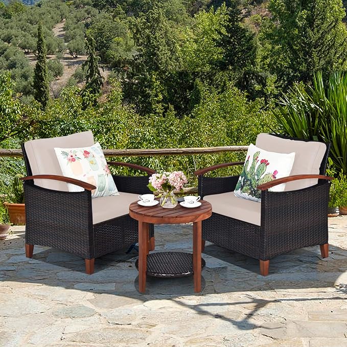 Tangkula 3 Pieces Patio Rattan Furniture Set, Outdoor Wicker Sofa Set w/Washable Cushion and Acacia Wood Tabletop, High Load Bearing Chair with Coffee Table, Conversation Furniture (Turquoise & Beige)