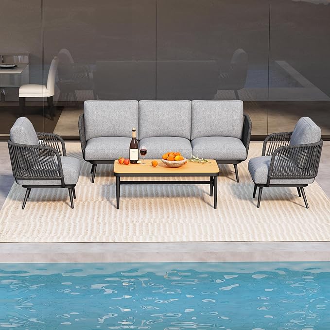 Patio Furniture Set, 5-Seat Outdoor Sofa Furniture Deep Seating with Coffee Table, Metal Patio Conversation Sets with Waterproof & Extra-Thick Cushions for Garden, Poolside, Backyard