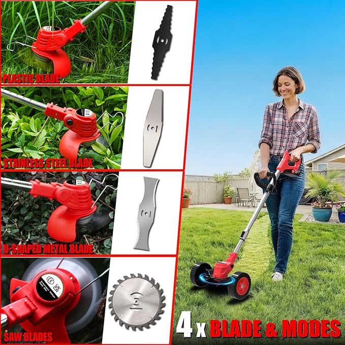 Electric Weed Wacker Cordless Eater Battery Powered 4 in 1 Lightweight Weed Trimmer with 4 Types Blades & Weed Storage Bag, 21V Battery Operated No-String Grass Trimmer for Garden Yard