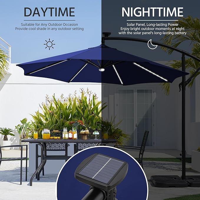Yaheetech 10 FT Solar Powered LED Patio Umbrella Outdoor Cantilever Umbrella, UV Protection & Windproof, Offset Hanging Sunshade w/Strip Lights & Hub Light for Backyard Garden Pool
