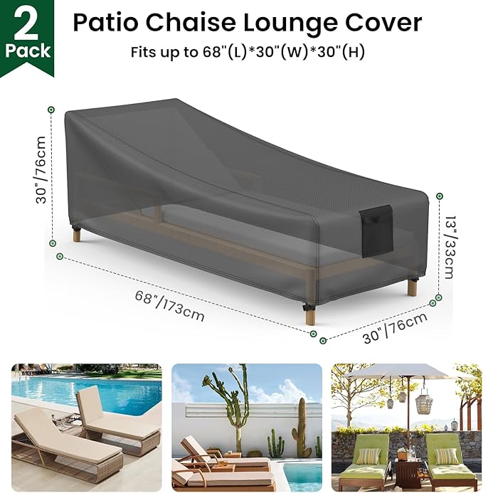 Mrrihand Chaise Lounge Cover, Patio Furniture Covers, Patio Lounge Chair Cover Waterproof and UV Resistant, Oxford Heavy Duty Outdoor Furniture Covers with Air Vent 2 Pack - 68L x 30W x 30H inch
