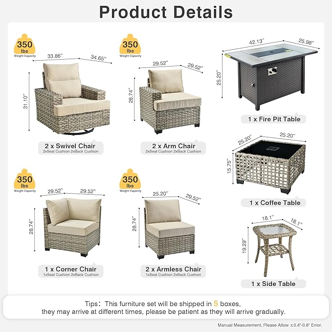Weaxty 10 Pieces Outdoor Patio Furniture Set with Swivel Rocking Chair, Outdoor Sectional Sofa Couch Wicker Modular Patio Conversation Set w/42 Fire Pit and Coffee Side Table,Beige