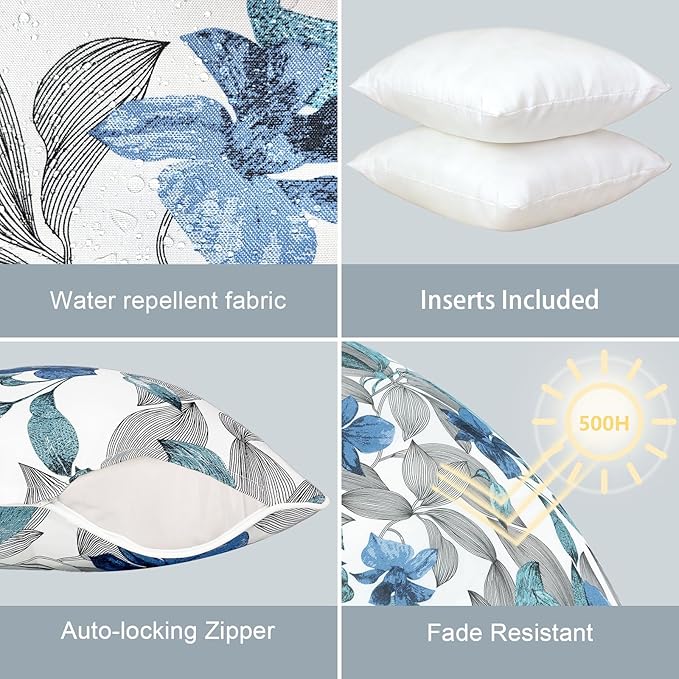 LVTXIII Outdoor Throw Pillows 20x20 Patio Waterproof Square Pillows with Piping Fade Resistant Accent Pillow for Spring Summer Garden Decoration, Set of 2, Clemens Noir Blue