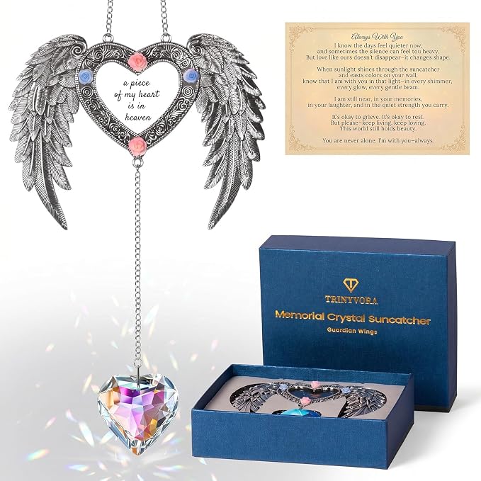 Sun Catcher Memorial Gifts A Piece of My Heart is in Heaven,Heavenly Wings Sympathy Gift for Loss of Loved One, Crystal Suncatcher for Windows, Bereavement & Grief Gift for Women, Remembrance Decor