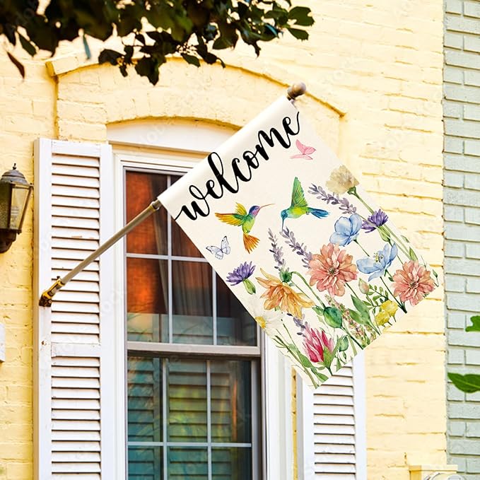 AVOIN colorlife Hummingbird Spring Flowers House Flag 28 x 40 Inch Double Sided, Seasonal Welcome Yard Outdoor Flag