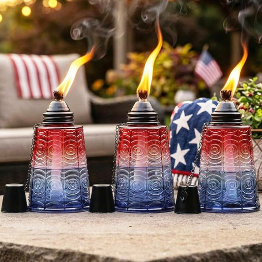 Seraphic Citronella Table Top Torches for Outdoor Patio, 16oz Decorative Glass Torch Citronella Candles for Outside Deck, Garden, Parties, Set of 3, Red/White/Blue
