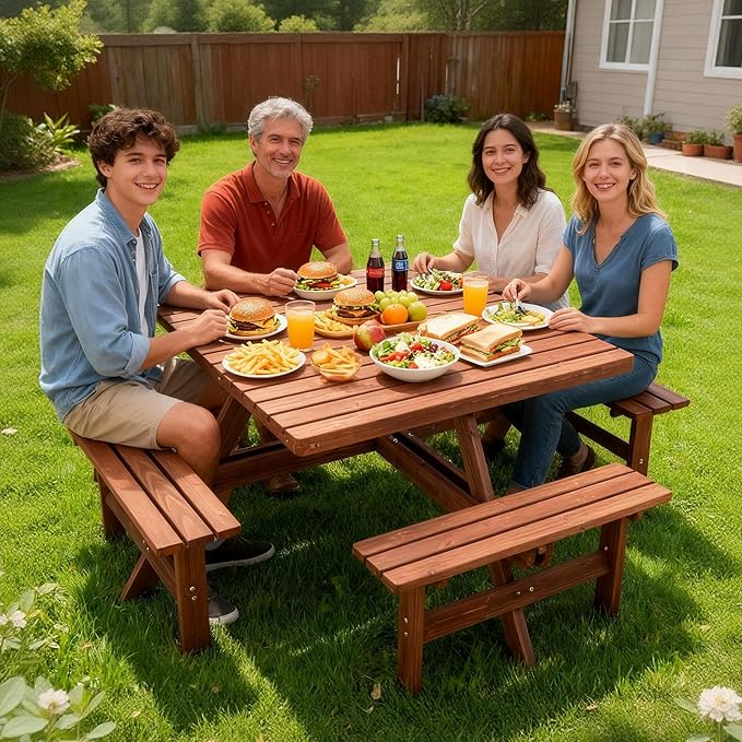 6-8 Person Square Picnic Table with Umbrella Hole Waterproof & Sturdy Cross StructureOutdoor Camping Wooden Dining Tables Set for Backyard Garden Camping Easy Clean,46.1",Brown