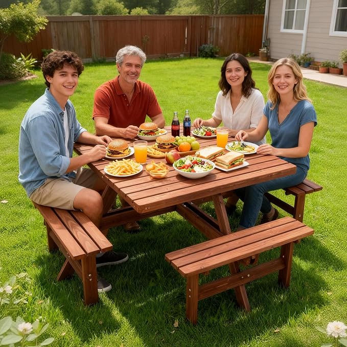 KEIKI 8-Person Square Picnic Table with Benches & Umbrella Hole, Waterproof Outdoor Dining Table with Sturdy Cross Base, Patio Table Set for Backyard Garden Camping, Brown