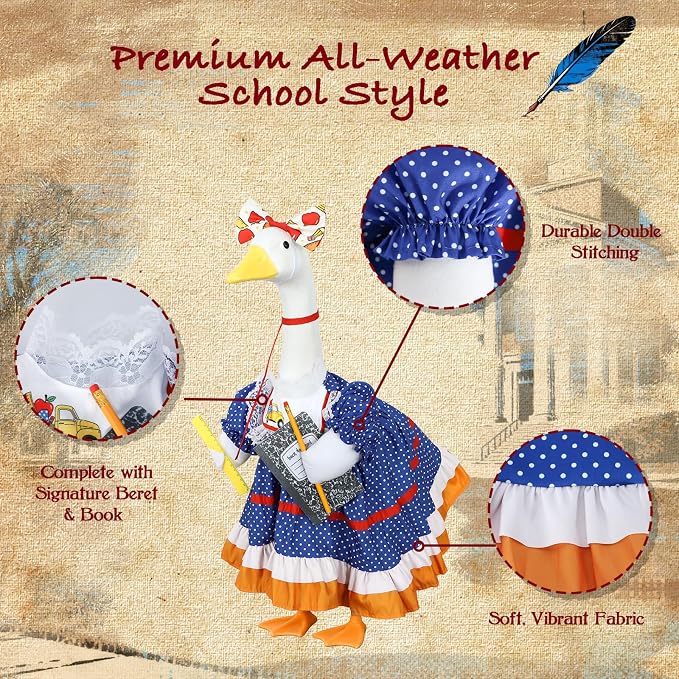 Back to School Porch Goose Outfit for 23" Plastic/Cement Porch Goose Statue | School-inspired Retro Polka Dot Dress with Pencil, Notebook, Ruler, Ideal for School Outdoor Garden, Yard, Patio, Porch Decor