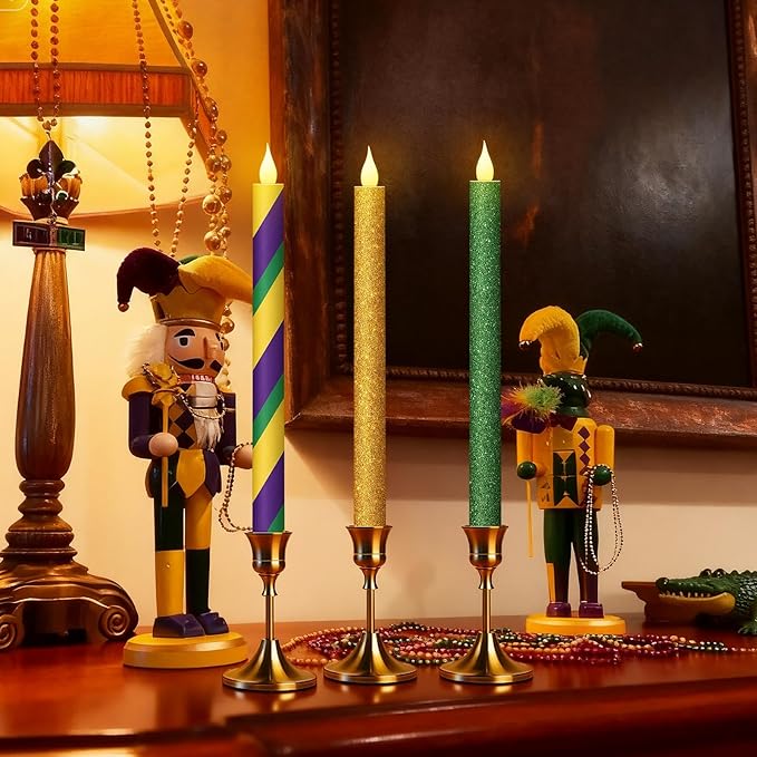 Honoson 6 Pcs Mardi Gras Flameless Taper Candles 10.6 Inch Purple Green and Gold Candles Battery Operated LED Candlesticks for Mardi Gras Dinner Table Centerpiece Indoor Outdoor Party Home Decor