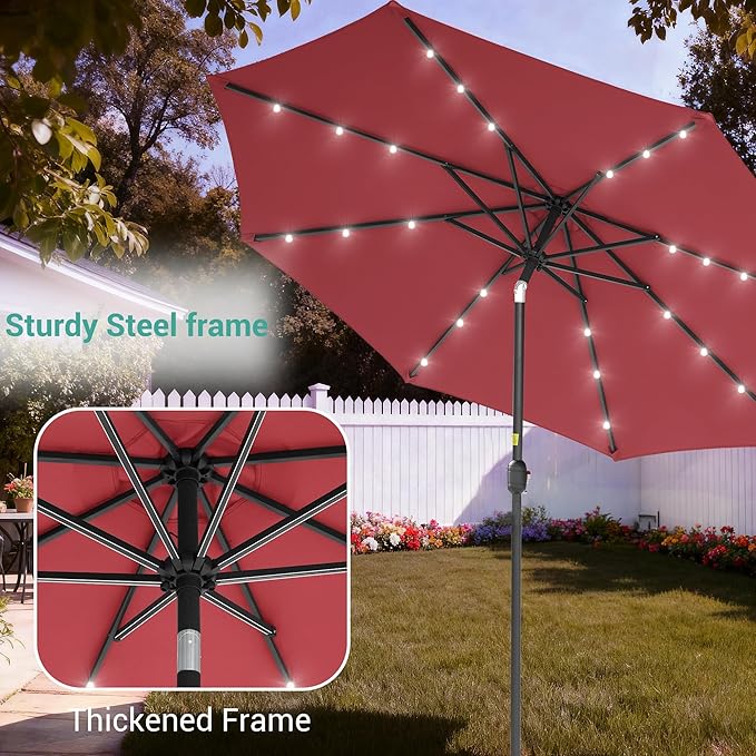 9ft Patio Umbrella Outdoor with Solar Lights,32 LED Lighted Table Market Umbrella with Tilt and Crank, 2-Year-Non-Fading, 8 Sturdy Ribs,for Pool, Deck, Garden,Backyard