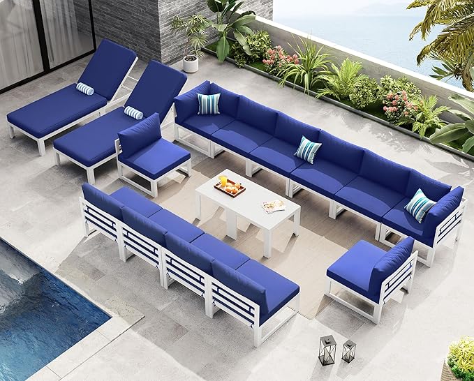NICESOUL 16 Pcs Extra Large Modern Aluminum Outdoor Sofa with Chaise, 29" Deep Wide Seat, 500 lbs Durable Sectional Set for Heavy People, Water Resistant Patio Furniture Set for Backyard, Navy Blue
