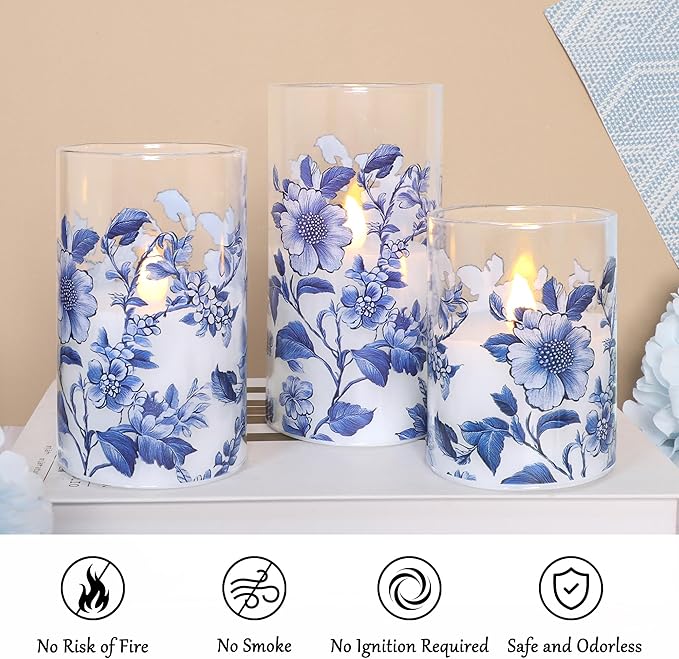 Flameless Candles Glass with Remote Control & Timer Function, Blue and White Porcelain Theme Design, Home Party Wedding Christmas Valentine's Day Decor, Set of 3