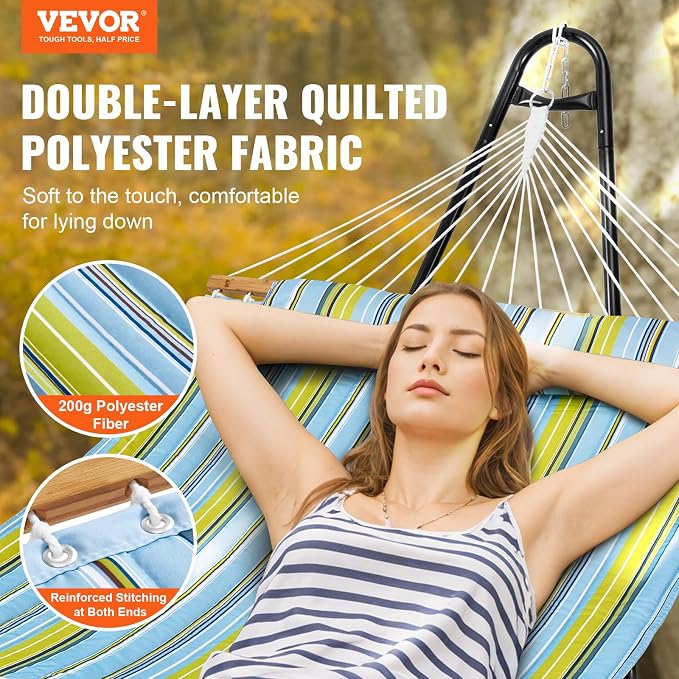 VEVOR Double Quilted Fabric Hammock with Universal Steel Stand, 2 Person Hammock with Stand, Detachable Pillow & Portable Bag 480lbs Capacity Free Standing Hammock for Outside, Patio, Garden, Beach