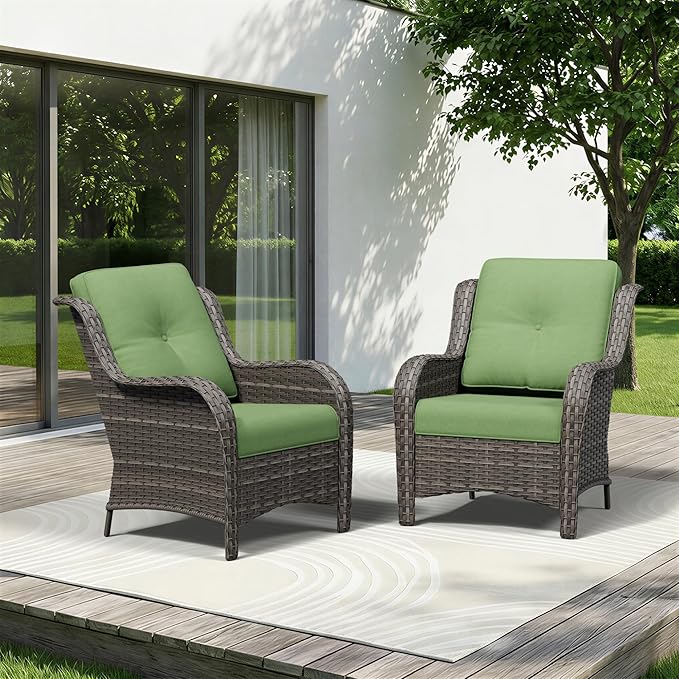 Patio Chairs Set of 2, Outdoor Wicker Patio Furniture Set with Thickened Olefin Cushions, High Back and Deep Seating, Wide Curved Armrest Hand-Woven PE Rattan for Porch, Deck, Green