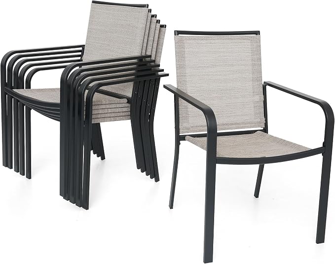 Anmutig 7-Piece Outdoor Dining Set, 48'' Round Table with 6 Stackable Chairs All Weather Furniture Set - Beige Grey