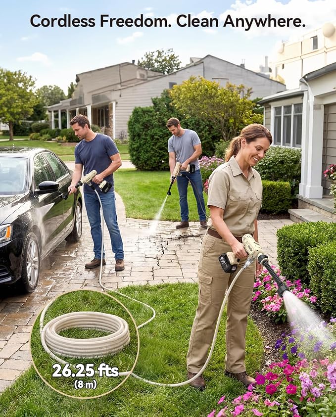 TaskStar Cordless Portable Cleaning Tool: 2X 4.0Ah Batteries Powered Electric Washer with Brushless Motor, 2 Power Modes, 6-in-1 Spray Nozzle, 26FT Extended Hose for Car, Garden, Outdoor Cleaning