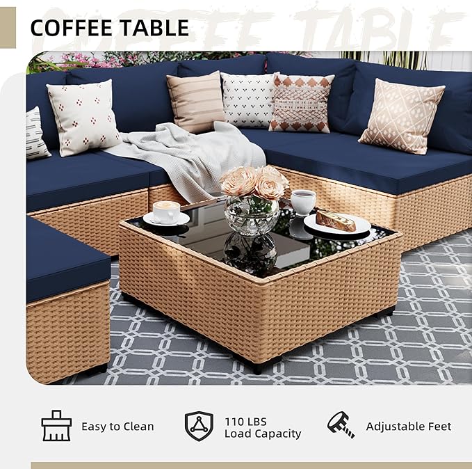 UPHA 7 Pieces Patio Furniture Sets, Wicker Outdoor Sectional Sofa Couch with Coffee Table, Patio Conversation Set for Deck Backyard Garden, Beige Rattan, Navy Blue Cushion