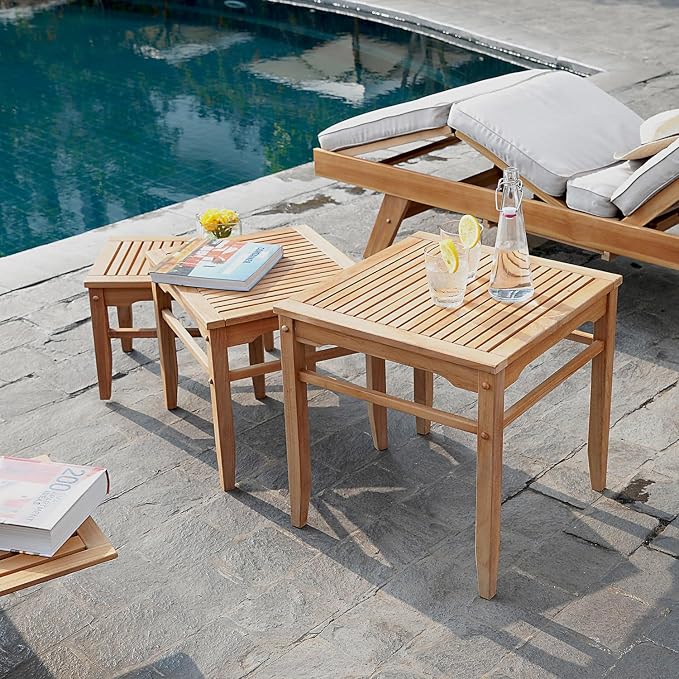 Cambridge Casual Arie Outdoor Nesting Side Tables Set of 3, Solid Indonesian Teak Wood Patio Accent Tables, Weather-Resistant Natural Finish for Garden, Porch, Balcony, or Poolside Use