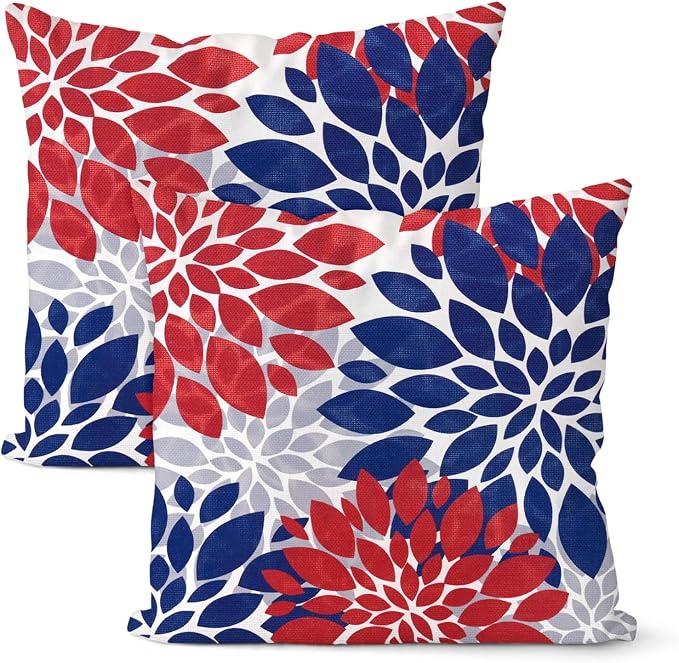 M METERXITY 2-Pack Pillow Cover 16x16 Linen, Blue Red Gray | Water Resistant Floral Decor Slipcover, for Patio, Balcony, Garden, Outdoor Pillow Case