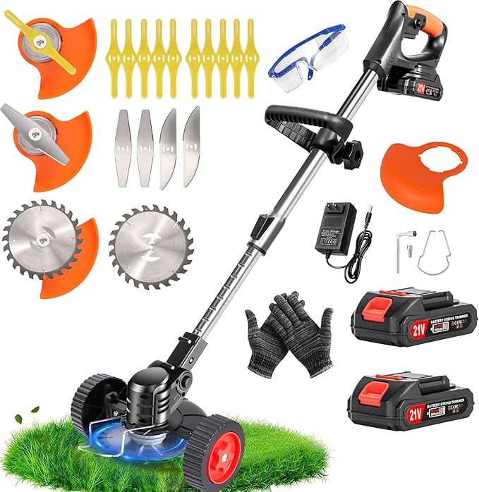 21V Cordless Weed Wacker for Thick Weeds, Lawn & Yard, 3-in-1 String Trimmer/Edger/Brush Cutter with 2 Batteries, 4 Blades & Wheels, 90° Pivot Head, Adjustable Height, Lightweight Easy for Homeowners