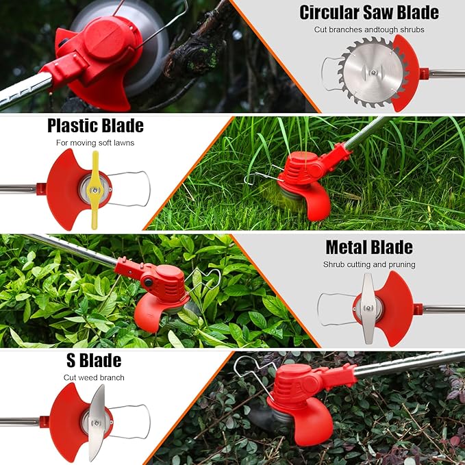 Electric Weed Wacker Cordless with Wheels, 2pcs Batteries&4 Types Blades,Lightweight, Low Noise Weed Trimmer 21V stringless Weed Wacker, Grass Trimmer/Brush Cutter/Edger, for Thick Weeds&Yard Garden