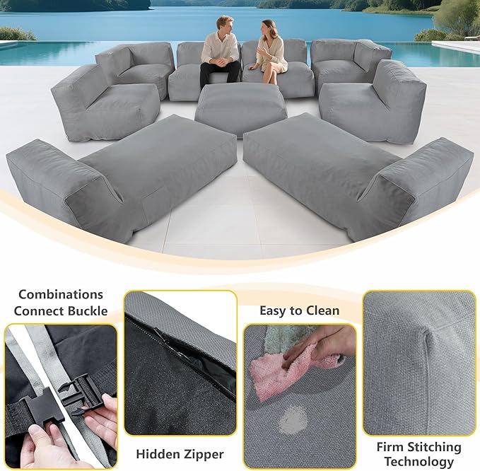 Patio Furniture Set, 9 Pcs Outdoor Conversation Set with Bean Bag Middle Chairs, Corner Chair, Ottomans, Modern Foam Couch Set for Garden, Deck, Balcony (9, Deep Gray)