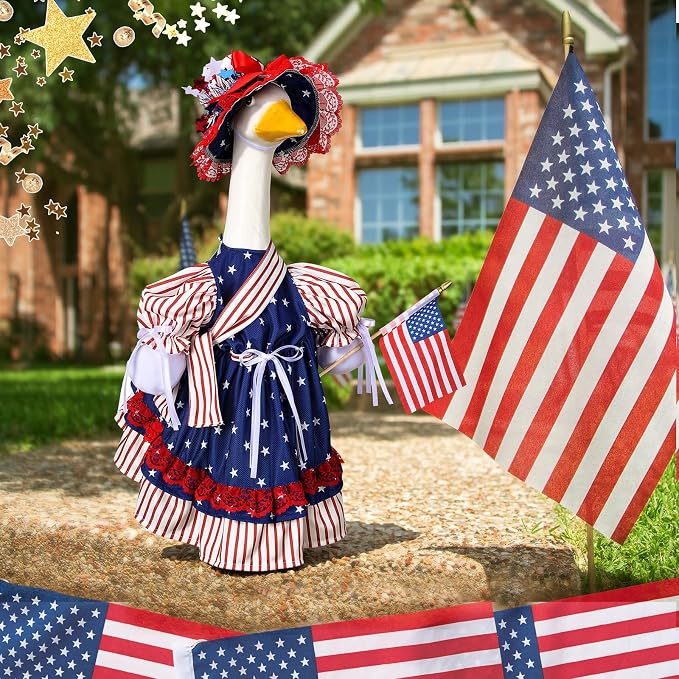 4th of July Porch Goose Outfit Patriotic Independence Goose Clothes for 23" High Cement or Plastic Geese Costume for Yard Lawn Outdoor Garden 250 Year Anniversary Duck Statue Dress American Flag Decor