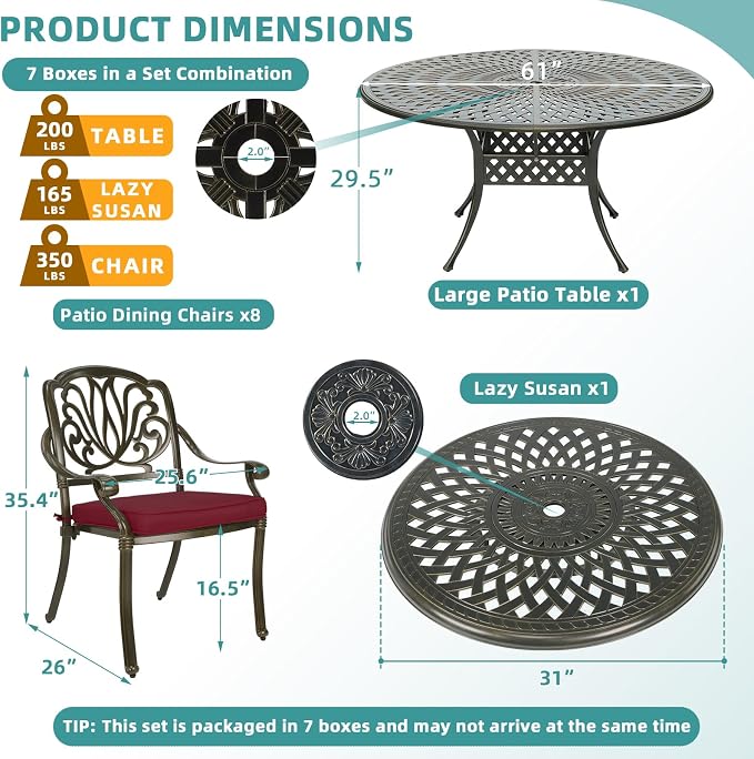 MEETWARM 9-Piece Outdoor Furniture Dining Set, All Weather Cast Aluminum Patio Garden Set- 8 Cushioned Chairs, 61" Round Patio Dining Table with Detachable Lazy Susan, 2" Umbrella Hole, Chili Red