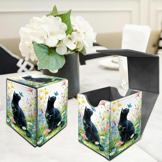 Lawn Black Cat Card Deck Box for MTG, Personalized Card Storage Case Fits 120+ Sleeved Cards, Premium Leather TCG Box with Strong Magnetic Closure for Magic, CCG, PTCG, Baseball Cards