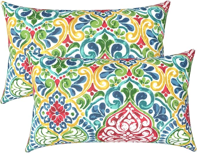 LVTXIII Outdoor Lumbar Pillow Covers Only Set of 2 Patio Decorative Pillow Cases, Water Repellent Lumbar Cushion Cases for Sofa, Patio Couch Garden Use, 12x20 Inch, Damask Red