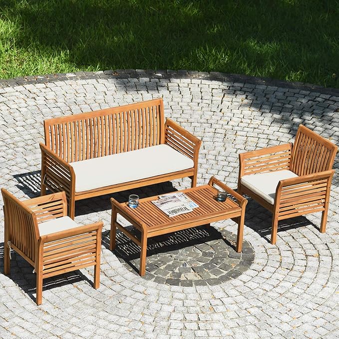 Tangkula 8 Piece Outdoor Acacia Wood Sofa Set w/Water Resistant Cushions, Padded Patio Conversation Table Chair Set w/Coffee Table for Garden, Backyard, Poolside (2)
