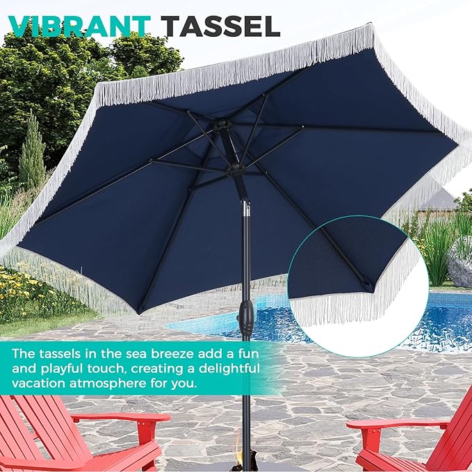 7.5ft Fringe Umbrella,Outdoor Market Umbrella with Push Button Tilt and Crack for Garden, Pool, Deck, Bistro,Navy Blue