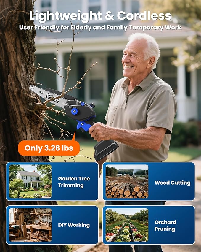 Mini Chainsaw with 1000W Brushless Motor, 8 inch & 6 inch 2 Rechargeable Batteries Handheld Small Chain Saw for Wood Cutting, Gardening Gifts for Father Dad Men