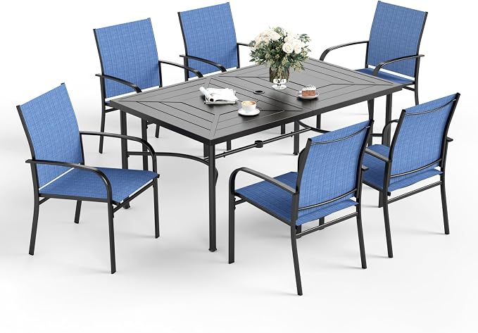 SUNSHINE VALLEY 7 Pcs Patio Dining Set for 6, Rectangular Metal Dining Table with Umbrella Hole and 6 Chairs, Outdoor Table and Chairs Set for Lawn Garden Backyard and Deck, Blue