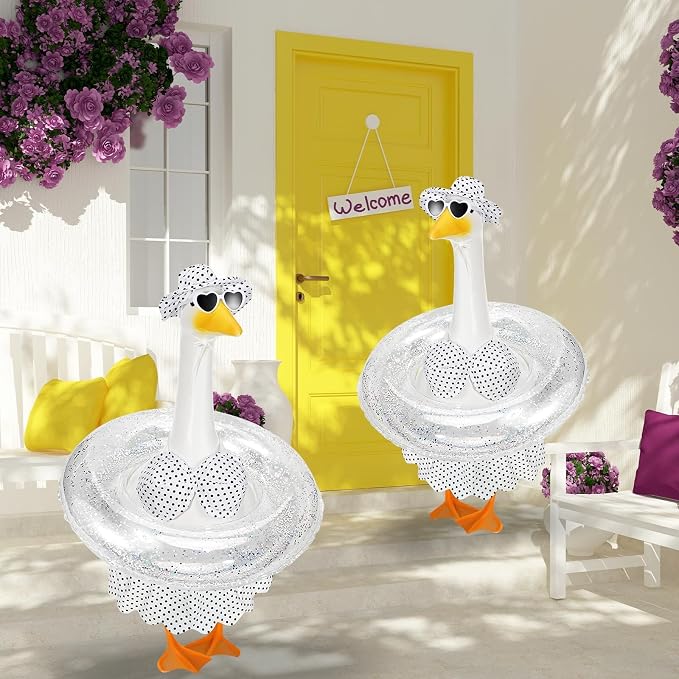Hawaiian Porch Goose Outfits Summer Bikini Goose Outfit Fits 23" Goose Statue with Hat Sunglasses & Swimming Ring for Cement Yard Decor(White)