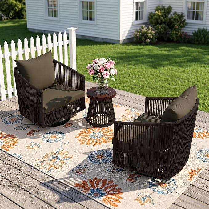 Outdoor Patio Furniture Set, 3 Pieces Outdoor Swivel Chairs with Coffee Table and Thick Cushion, Pe Wicker Rope Furniture Set for Entertaining, Balcony, Garden, Poolside, Coffee