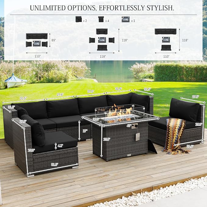 BULEXYARD 7 Piece High Back Outdoor Furniture Set with Fire Pit, Durable All Weather Wicker Patio Couch Sofa Set, Oversized Modular 6-Seater Sectional Backyard Seating Wide Deep for Lawn, Grey & Black