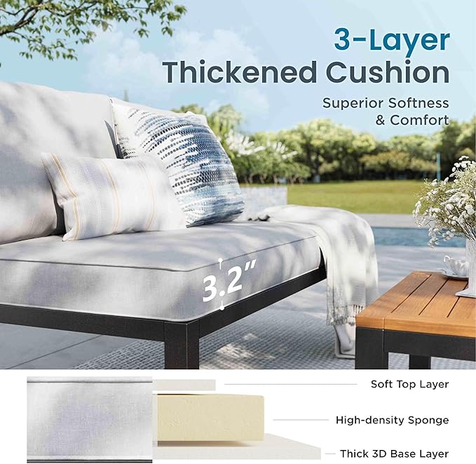 PHI VILLA Outdoor Sectional Furniture Set,7 Pieces Metal Patio Sectional Outdoor Couch Set,Modern Patio Conversation Sets with Coffee Table,Thickened Cushion,for Poolside and Backyard,Light Grey
