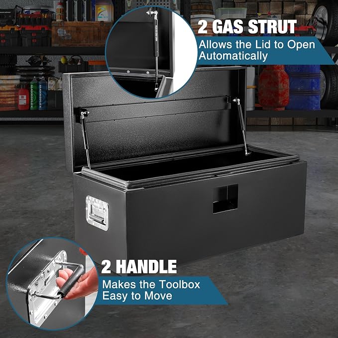 Heavy Duty Steel Truck Toolbox – 76x38x38cm – Gas Shock Lid – t-Handle Lock – Weatherproof Rubber Seal – Secure Underbody Storage Chest – Fits Pickup, Truck Bed, RV, Trailer