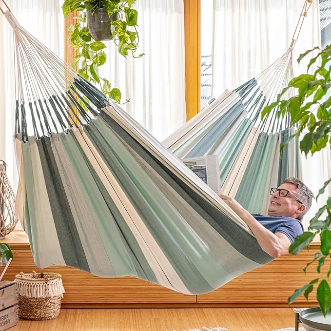 LA SIESTA Modesta Organic Cotton Indoor/Outdoor Hammock, Max 355 Lbs, 2-Person, Olive