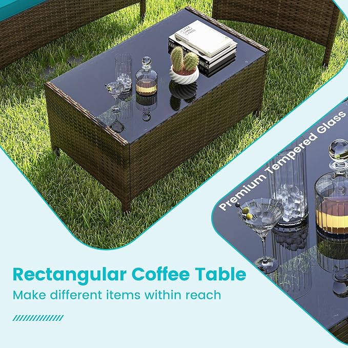 RELAX4LIFE 4-Piece Patio Furniture Set - Rattan Outdoor Conversation Bistro Set w/Cushions, Glass Coffee Table, Wicker Chairs & Loveseat for Garden Backyard Porch, Balcony Furniture Set (1, Turquoise)