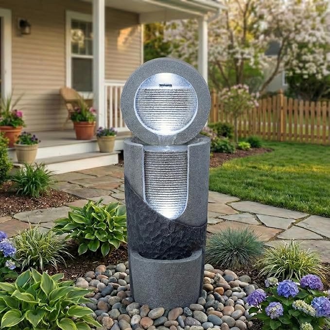 Modern Outdoor Water Fountain with LED Lights 3 Tier Cascading Outdoor Fountains and Waterfalls for Patio Balcony or Garden Decor 23.62 Inch Water Fountain Outdoor Clearance