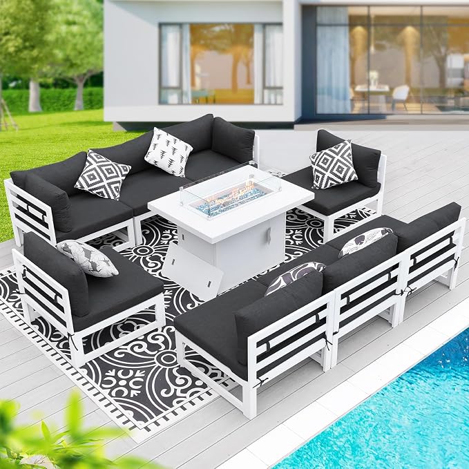 BULEXYARD 9 Piece Modern Aluminum Patio Furniture Set with Fire Pit Table, 500 lbs Heavy Duty Outdoor Sectional Sofa, 29" Deep Wide Oversize Seating Conversation Couch for Garden Exterior, Dark Gray
