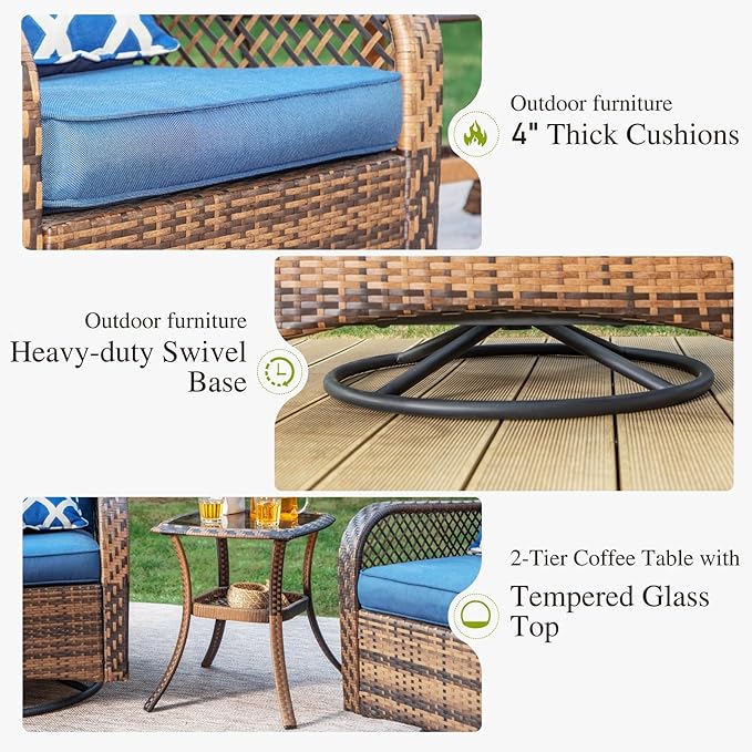 PHI VILLA Oversized Outdoor Swivel Rocker Chairs Set 3 Piece with 1 Table and 2 Rocking & Swivel Chairs Support 350lbs Navy Blue Wicker Outdoor Furniture Patio Conversation Set