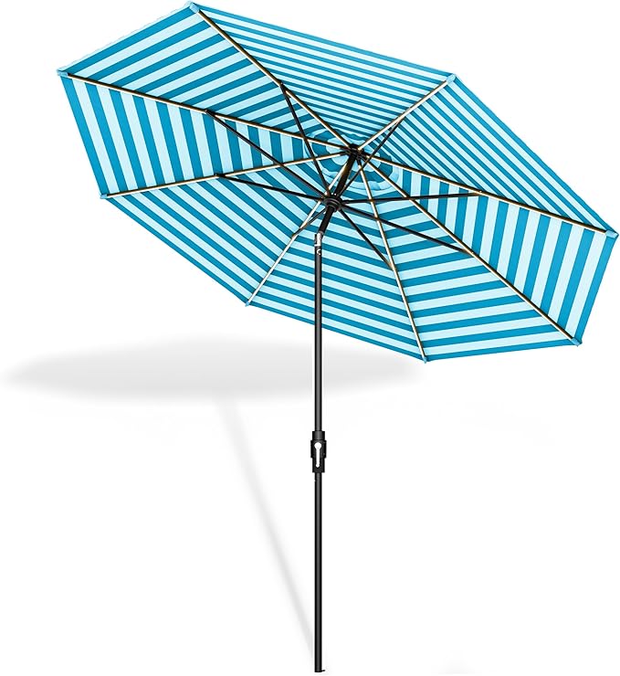 Midtown Umbrellas The LED Swilt 9 Feet Patio Umbrella With Terylast Blue/White Stripes Polyester Fabric - Auto-Tilt Aluminum Frame With LED Lights For Backyard, Deck, Garden, Pool - Black Pole
