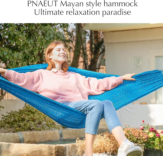 PNAEUT Handwoven Mayan Hammock, Thick Soft Rope Double Hammock for Outdoor Outside & Indoor, 600 lbs Capacity Heavy-Duty, Includes Tree Straps, Carabiners & Carrying Bag (Glacial Lake Blue, X-Large)